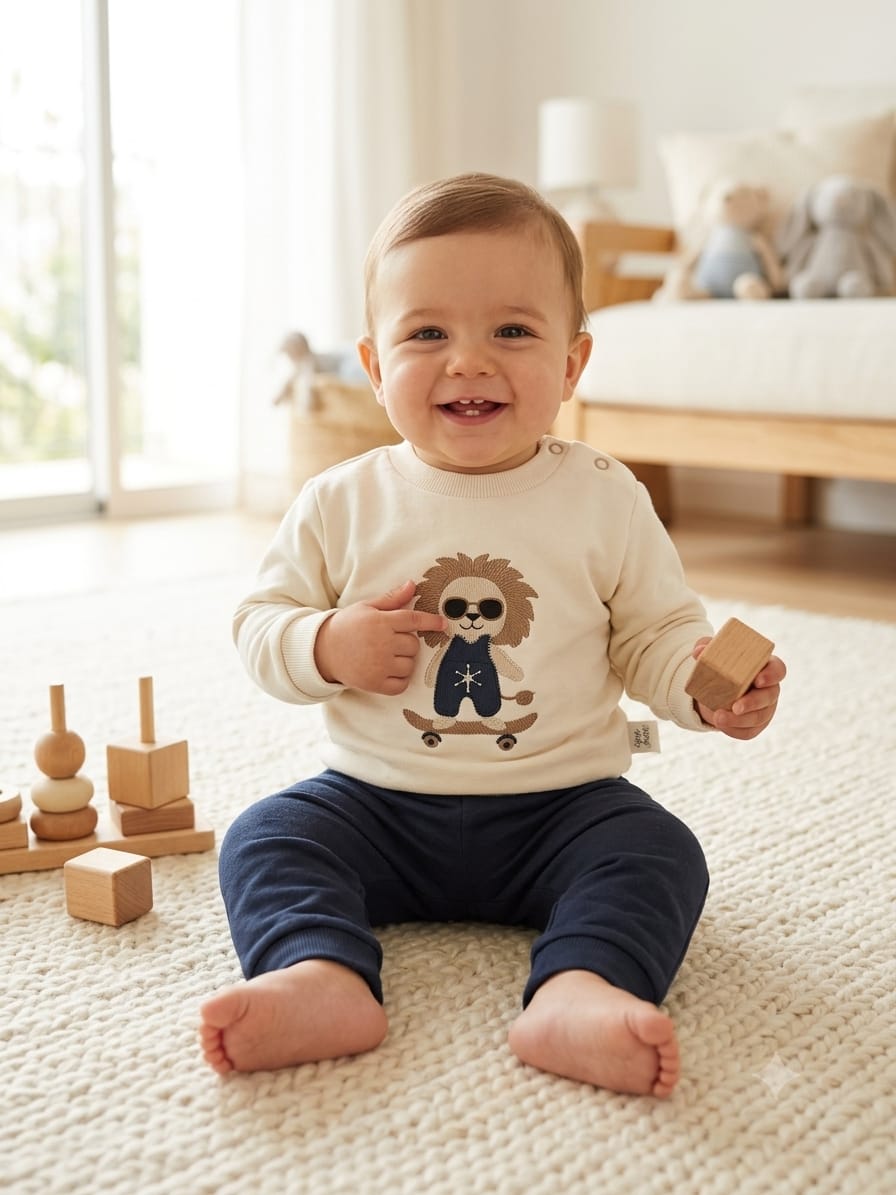 Bebé con conjunto chándal león crema y pantalón marino