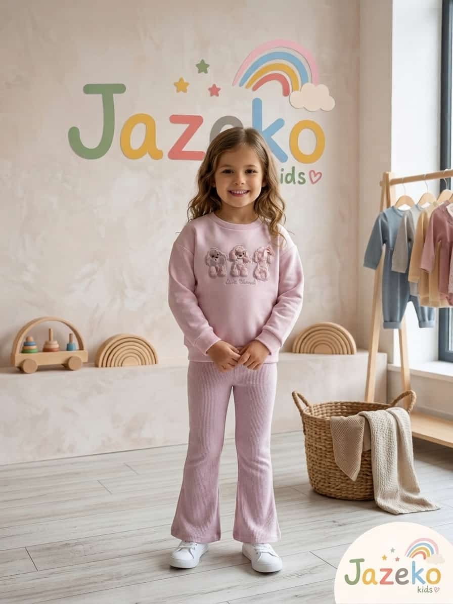 Conjunto niña sudadera rosa con perritos y pantalón acampanado pata de gallo