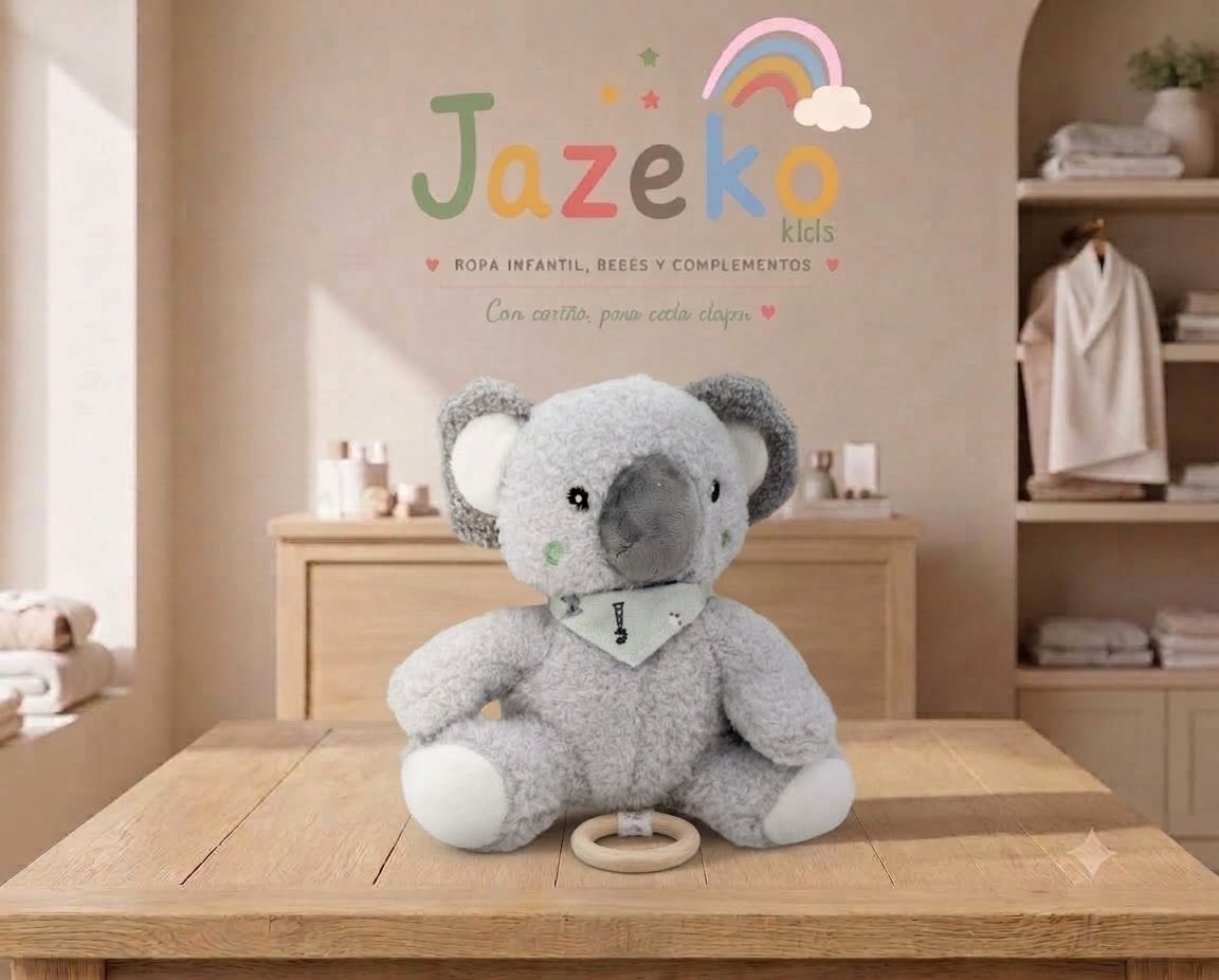 Peluche colgante musical gris para bebé con babero y anilla de madera